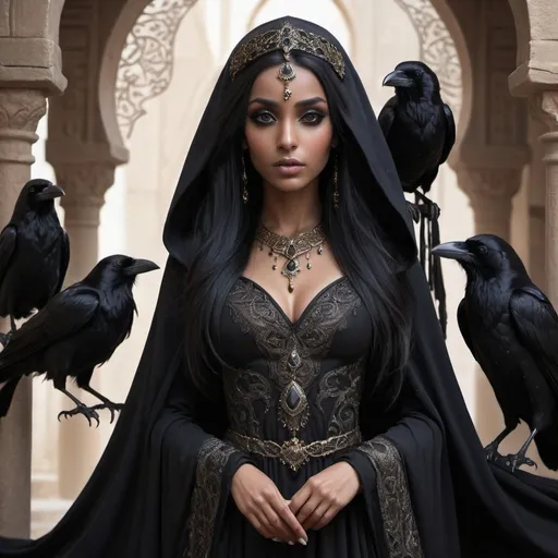 Prompt: Middle eastern, female, dark skin, long black hair, thin, sharp face, big black eyes, incredibly beautiful, faerie, Raven Princess, black cloak, intricate royal clothes, fantasy atmosphere 