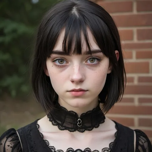 Prompt: Seventeen year old girl with deadpan expression, black chin length straight hair and bangs, pale skin, freckles, brown eyes, very beautiful, gothic clothing, realistic portrait 