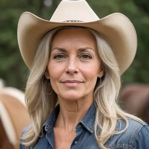 Prompt: beautiful woman, late forties, blonde hair turning gray at the roots, cowgirl