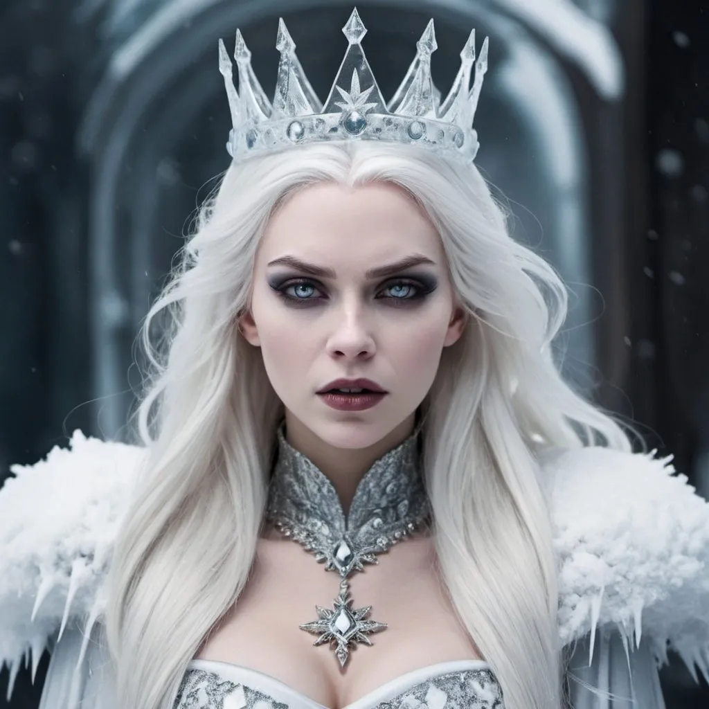 Prompt: evil snow queen, ice powers, pale skin, long straight white hair, white eyes, crown made of ice, looks evil and mean and scary. EVIL