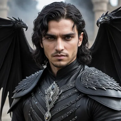 Prompt: Game of thrones inspired, Middle eastern, male, dragon king, late twenties, gorgeous, shoulder length wavy black hair, faerie with leathery black wings on back, wearing black clothes with intricate beading, royal, mean looking, burn scars 
