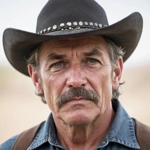 Prompt: cowboy, 60 years old, mean looking, gray mustache, rough and tough, sturdy 