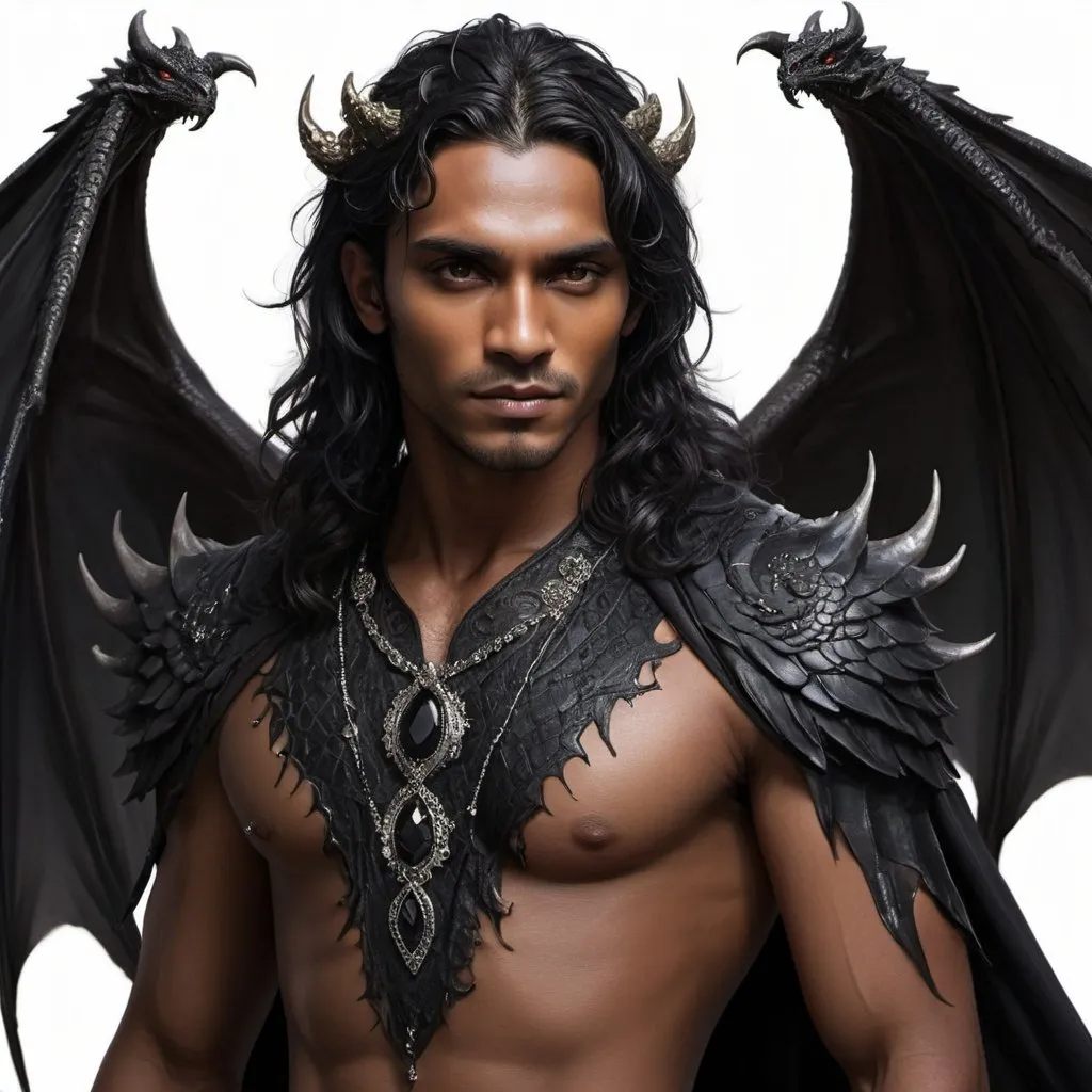 Prompt: West Asian, male, dark skin, dragon king, late twenties, gorgeous, shoulder length wavy black hair, faerie with leathery black wings on back, wearing black clothes with intricate beading, royal, mean looking, burn scars 