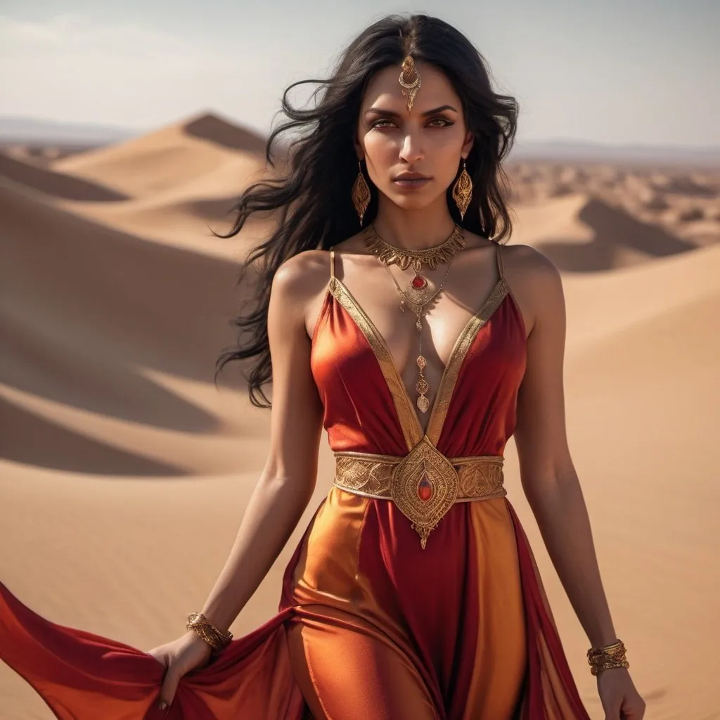 Prompt: Middle eastern/indian, Woman inspired by yenifer from the Witcher, medium skin, red and gold and orange silky revealing dresses, desert, gold jewelry, confident, dragons, fantasy atmosphere 