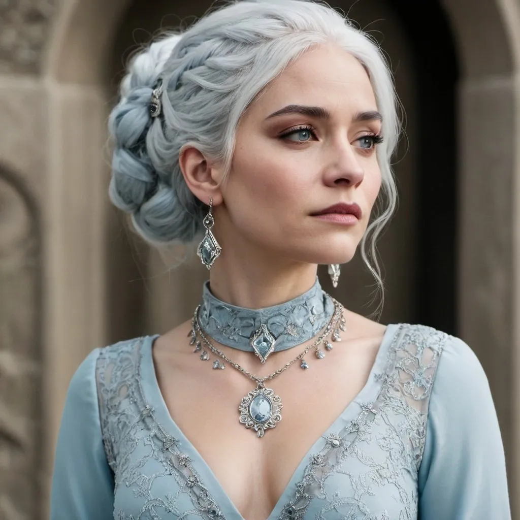 Prompt: Woman inspired by cercei Lannister, pale blue dresses, silver jewelry, white hair