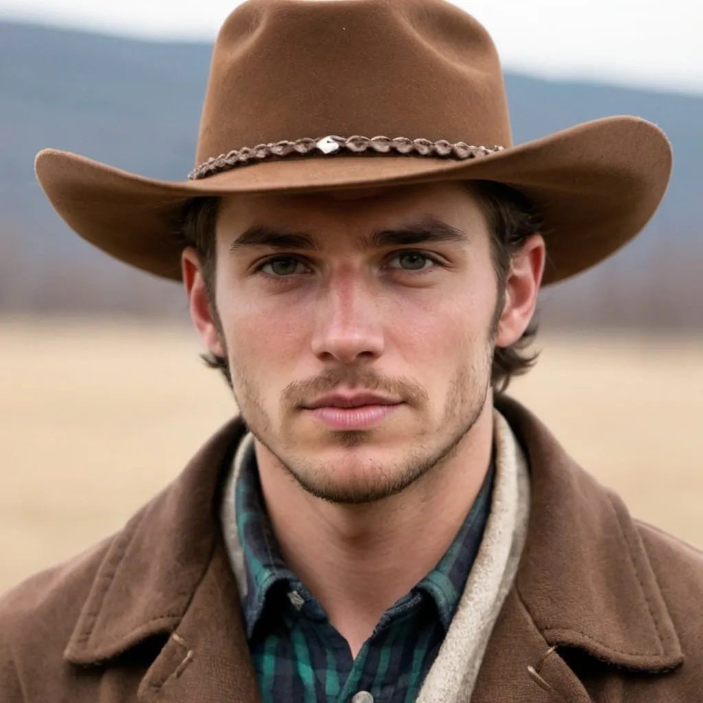 Prompt: ranch hand, rugged, stubble, 24 years old, handsome, stoic, light eyes, flannel coat, brown cowboy hat