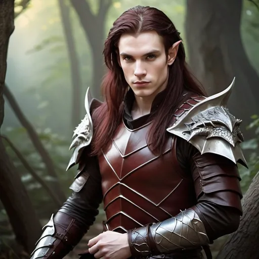 Prompt: Attractive male faerie, pointed ear, pale skin, dark eyes, long dark red hair, fantasy leather armor, dragon trainer, realistic, fantasy atmosphere