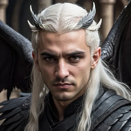 Prompt: Middle eastern, Male, faerie, sad, angry, white hair feathered around the ears, attractive, square jaw, dark eyes, broody, dragon wings, game of thrones inspired 