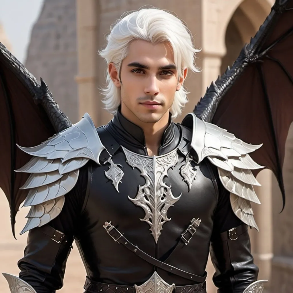 Prompt: Attractive male faerie, pointed ear, middle eastern, white hair, leathery wings, dragon Prince, leathery armor, fantasy atmosphere, Rhysand inspired, incredibly attractive, black leather armor, royal, prince