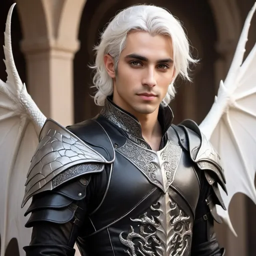 Prompt: Attractive male faerie, pointed ear, middle eastern, white hair, leathery wings, dragon Prince, leathery armor, fantasy atmosphere, Rhysand inspired, incredibly attractive, black leather armor, royal, prince