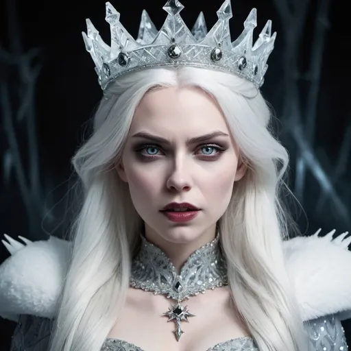 Prompt: evil snow queen, ice powers, pale skin, long straight white hair, white eyes, crown made of ice, looks evil and mean and scary. EVIL, revealing dress