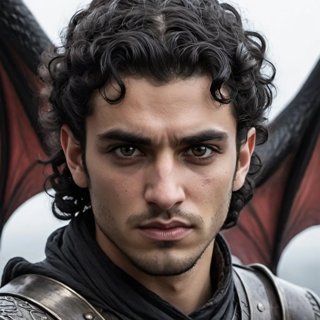 Prompt: Middle eastern, Male, faerie, sad, angry, curly black hair short on the sides, attractive, square jaw, dark eyes, broody, dragon wings, game of thrones inspired 