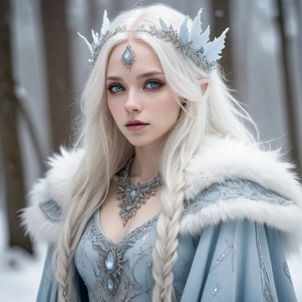 Prompt: Attractive female faerie, long white icy hair, beautiful, stunning, princess of the snow, pale skin, pale eyes, pale blue frosty clothes with intricate beading, silver jewelry, fantasy atmosphere, fur cloak, frightening looking, confident 