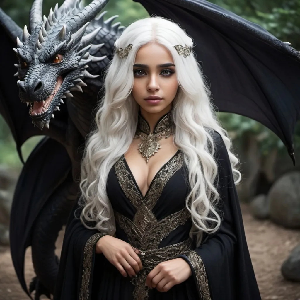 Prompt: Middle eastern, female, medium/dark skin, long wavy white hair, thin, sharp face, big black eyes, incredibly beautiful, faerie, Dragon Princess, black cloak, intricate royal clothes, fantasy atmosphere, game of thrones inspired 