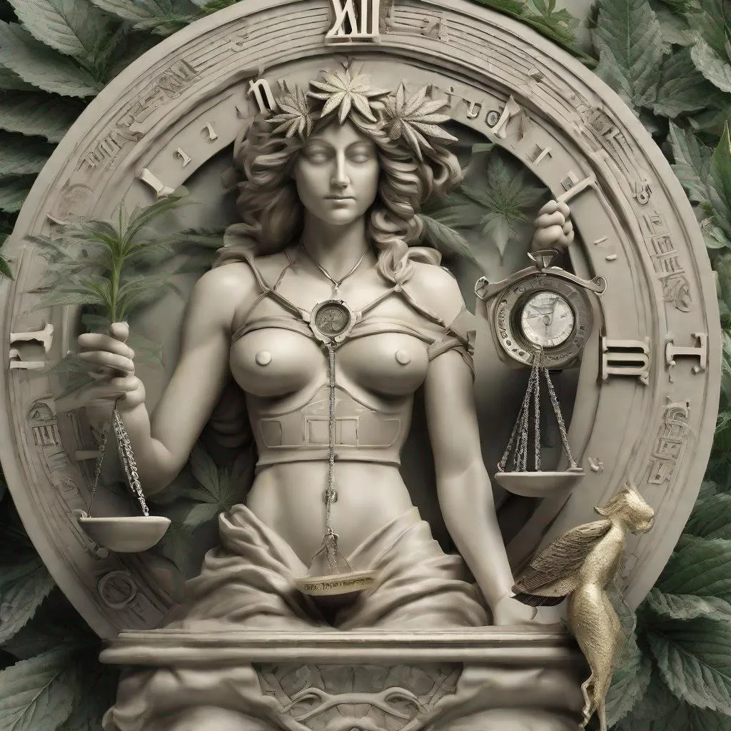 Prompt: NEW ERA ABC TIME, STOIC WOMAN Sculpture with justice scales with time clock in her stomach, holding caduceus medical staff and cannabis medical plant in the other