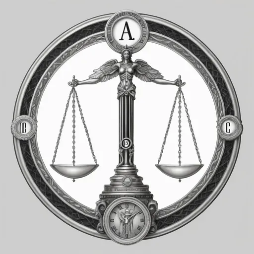Prompt: NEW ERA ABC TIME, Caduceus staff with scales of justice wrapped around the center pole representing equality, add circle on top of pole for multiple intelligences demonstrating frames of mind with black, white and silver frame 
