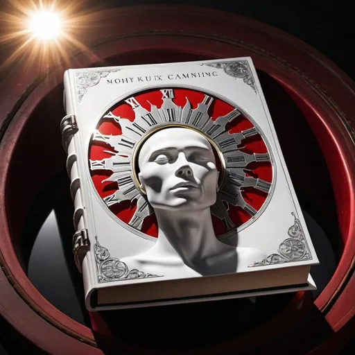 Prompt: a clock inside the chest of a human with the sun shining around the human head with black, white, platinum and red luxury book cover 