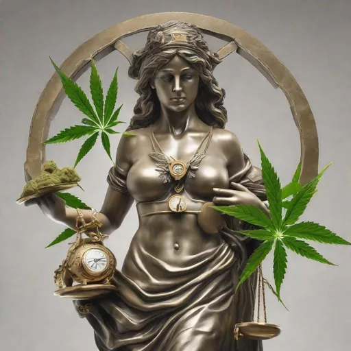 Prompt: NEW ERA ABC TIME, STOIC WOMAN Sculpture with justice scales with time clock in her stomach, holding caduceus medical staff and cannabis plant in the other