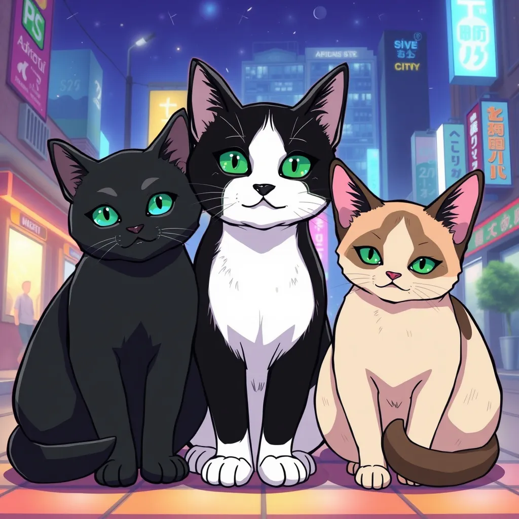 Prompt: can you give me a wallpaper for laptop. 3 cats. 1 black cat. 1 black & white cat  and 1 Siamese cat. anime city pop style