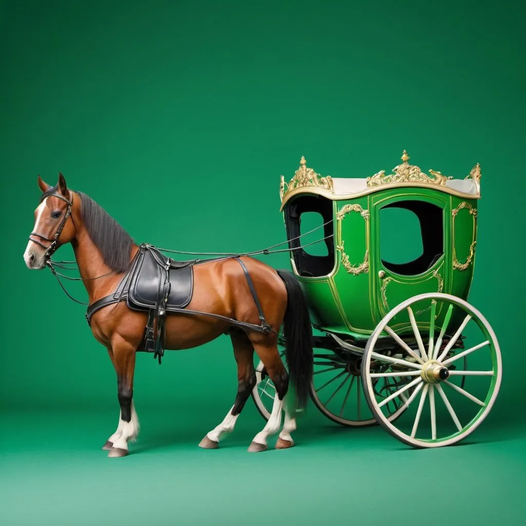 Prompt: cheval qui tire une caleche sur fond vert