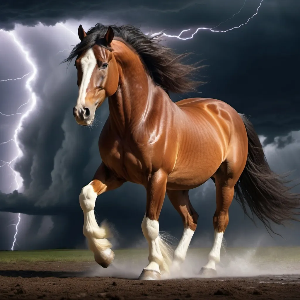 Prompt: A Clydesdale horse holding firm in a tornado