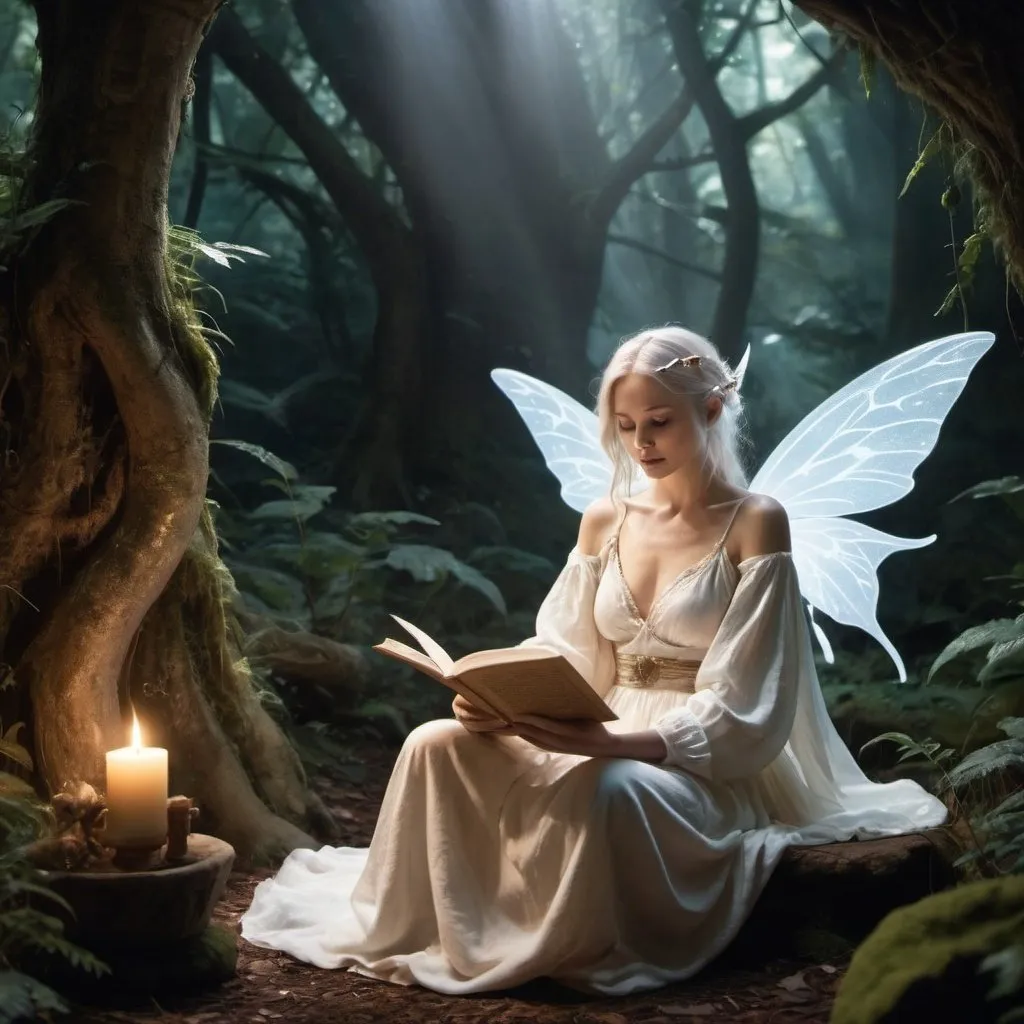 Prompt: The set is in a fairy world, a realm of light and magic, where a woman is reading a script. She appears human but a touch of shamanic white mage characteristics