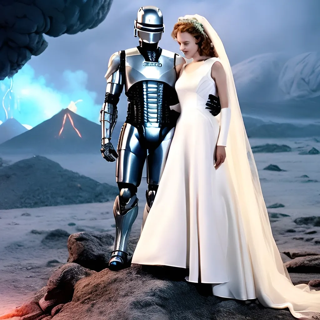 Prompt: Robocop marrying a bride in white in Tolkien's Mount Doom