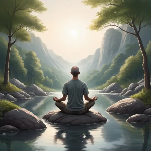 Prompt: Detailed illustration of a focused individual practicing mindfulness, serene natural setting, high quality, detailed, disciplined mindset, serene nature, professional, atmospheric lighting