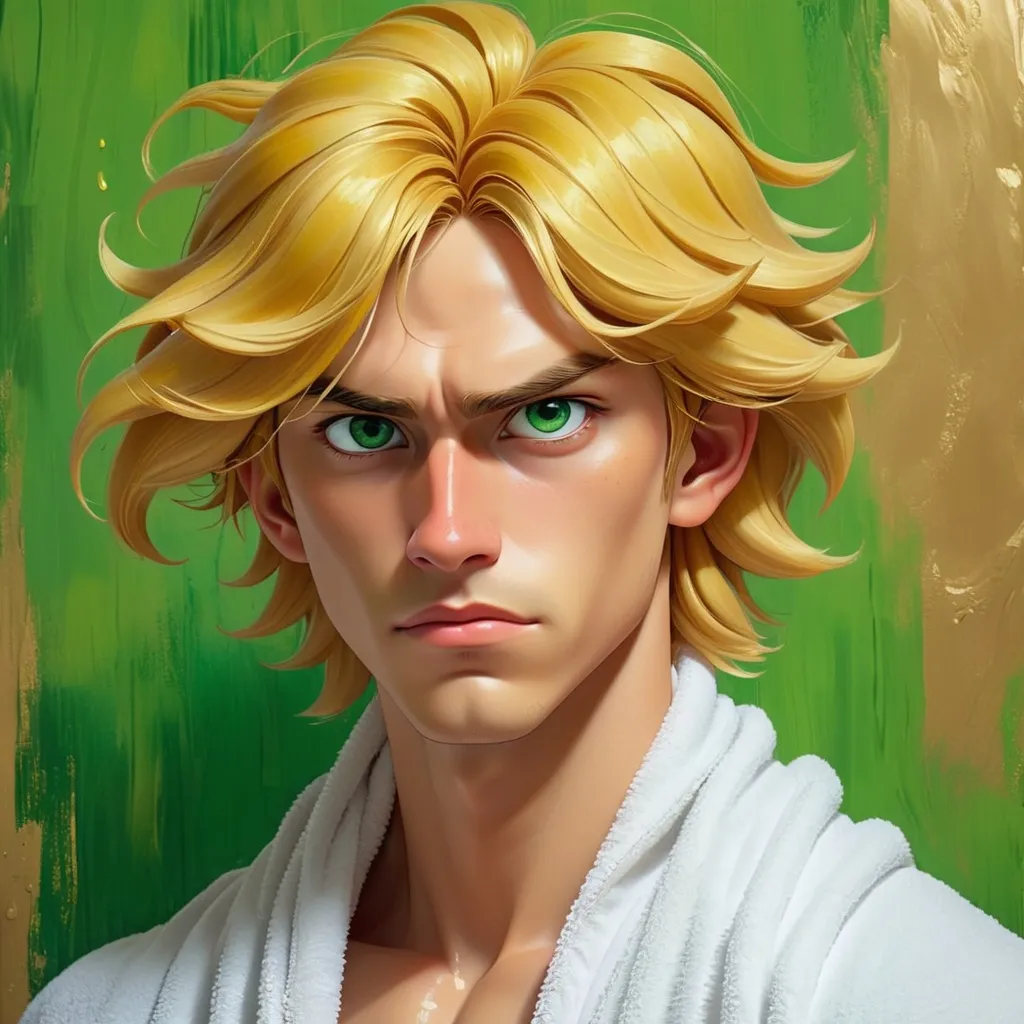 Prompt: Texture of an oil painting, golden hair, handsome young man, full body view, in a towel green eye.oil-painting style,anime and manga culture，painting --stylize 750 --v 6.0