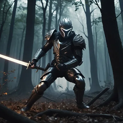 Prompt: (cinematic battle scene), man in (cool metal suit), wielding a (black glowing gun) and (sword), engaged in an intense fight against (massive giants) in a (dark forest) at midnight, surrounded by (twisted trees, sticks, and fallen leaves), strong sense of (action and tension), another woman charging with a (sword) and (large rifle) on a giant, (ultra-detailed, dramatic lighting, 4K quality).