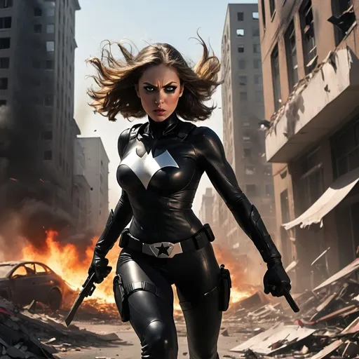 Prompt: (women in black superhero suit), dynamic pose, intense battle, fighting against attackers armed with knives, guns, and axes, (chaotic urban landscape), burning buildings, helicopters hovering, frightened crowd fleeing, debris scattered everywhere, obliterated cars and trucks, bright sun casting dramatic shadows, (highly detailed, cinematic quality), vibrant colors, urgent and adrenaline-filled atmosphere.