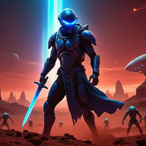 Prompt: (menacing scene) a man wielding a glowing blue sword, battling an alien horde, (dynamic action) intense energy and movement, (vibrant colors) under a stark red Martian landscape, alien silhouettes in the background, (dramatic lighting) illuminated by the shimmering glow of the sword, (epic atmosphere) high tension and adventure, ultra-detailed, 4K resolution. and with a spaceship flying in background