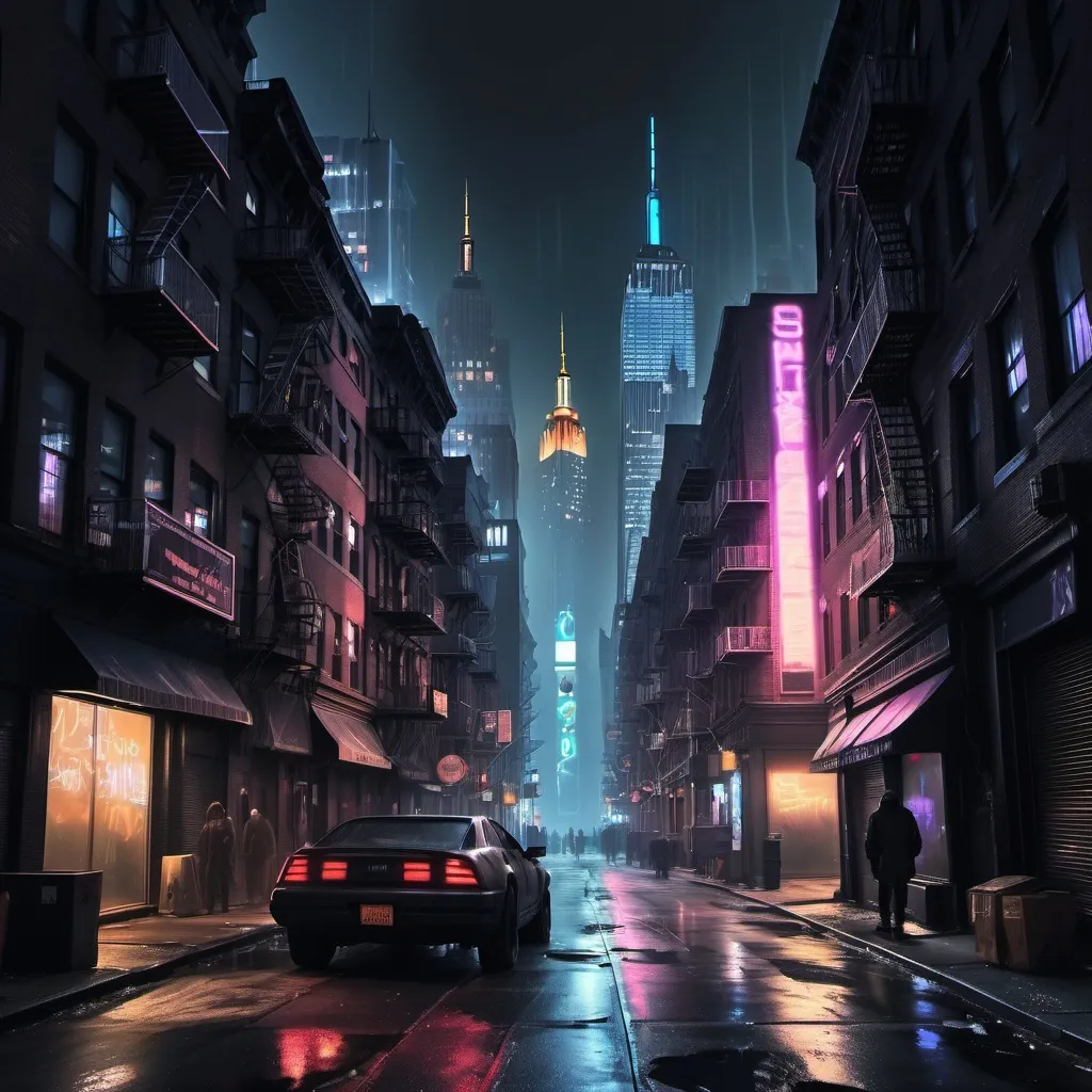 Prompt: Cyberpunk Visual with Soho Manhattan in the back drop when it's dark out-No people on the art.-Just a dark street in lower manhattan-that has a slightly dystopian futuristic look on New Years Eve
