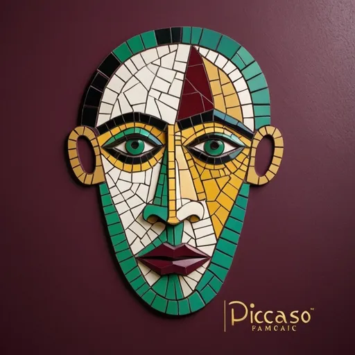 Prompt: Basqiat style mosaic logo with a picasso mans face out line. Colors burgundy green gold