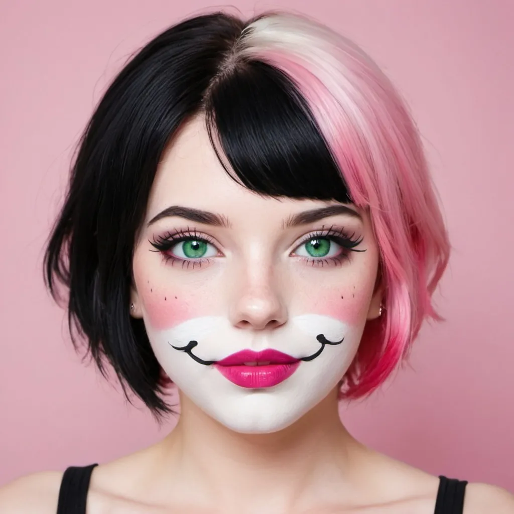 Prompt: A beautiful girl with pink and black hair, a white face with red cheeks, pink lips and green eyes.