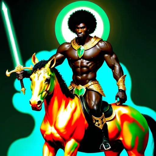 Prompt: A magical creature centaur half-man and half-horse with black armor in gold and holding a sword which is glowing green and the centaur has diamonds and gold on his neck and Afro hair on his head