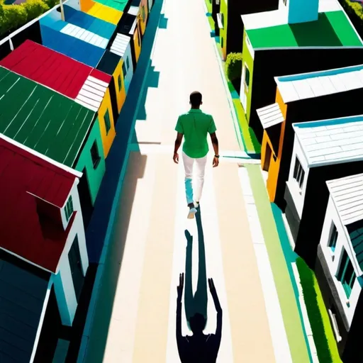 Prompt: A man walking down a street and the sun is in front of him and there are houses of different colors to his left and right as long as the eyes can see and he’s wearing a green shirt and white for trousers and wearing white shoes and the image is from a Birds Eye view