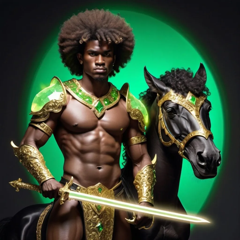 Prompt: A full centaur half-man and half-horse with black armor in gold and holding a sword which is glowing green and the centaur has diamonds and gold on his neck and Afro hair on his head