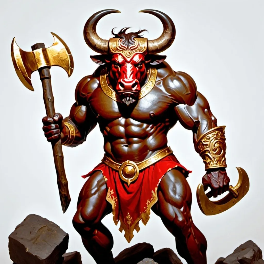 Prompt: A Minotaur with gold and red on him and a axe 