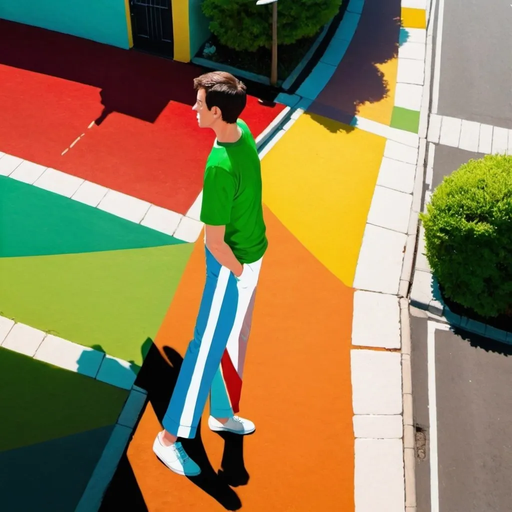 Prompt: A man walking down a street and the sun is in front of him and there are houses of different colors to his left and right as long as the eyes can see and he’s wearing a green shirt and white for trousers and wearing white shoes and the image is from a Birds Eye view