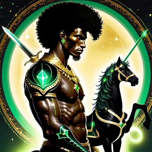 Prompt: A magical creature centaur half-man and half-horse with black armor in gold and holding a sword which is glowing green and the centaur has diamonds and gold on his neck and Afro hair on his head