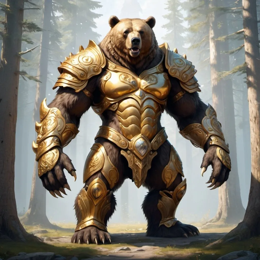 Prompt: A fiercely looking giant bear standing on its two feet wearing a golden magical armor 