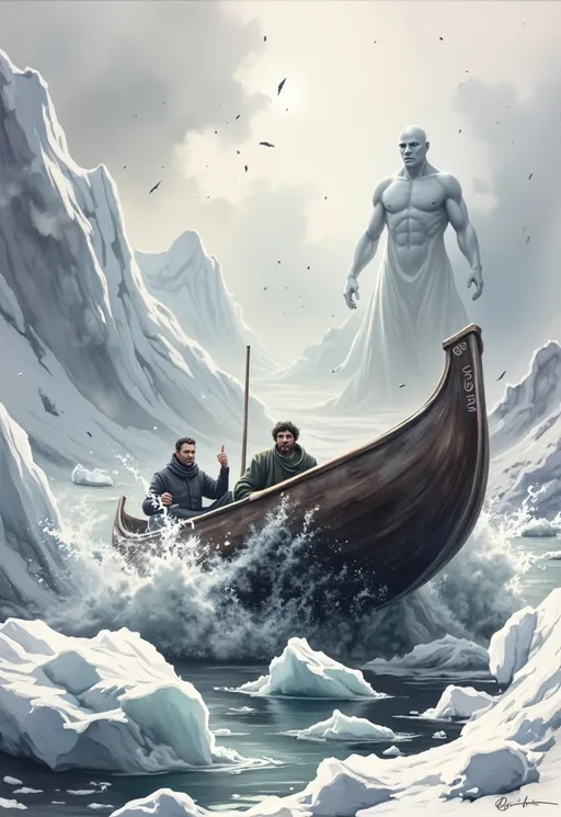 Prompt: Surreal polar landscape with a worn wooden canoe carrying two men (Arthur Gordon Pym and Dirk Peters) being dragged into a chaotic whirlpool towards a dark abyss. The water is milky white with gray foam, emitting faint steam. The sky is covered in thick ash-filled mist, with particles resembling dark snow. A colossal humanoid figure with pure white skin emerges from the fog in the distance, observing the scene. Icebergs with abstract hieroglyphs float nearby. The atmosphere is ominous, with eerie auroras and cracks in the ice. Hyper-detailed, dark fantasy style, cold color palette (white, gray, black), dramatic lighting."