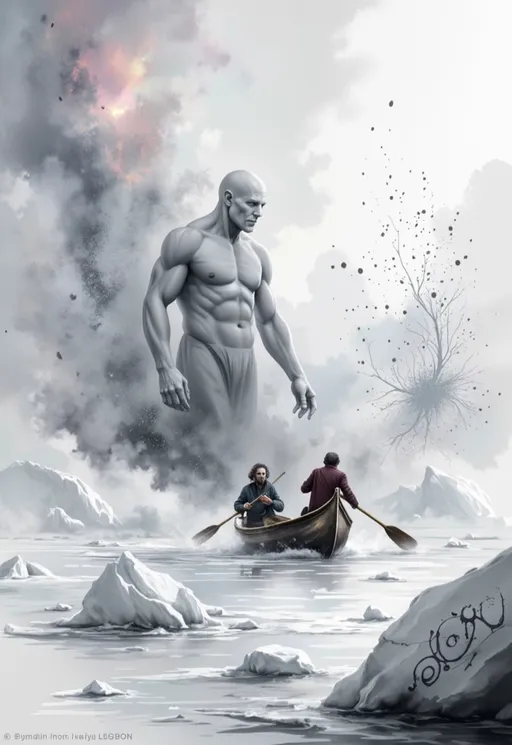 Prompt: Surreal polar landscape with a worn wooden canoe carrying two men (Arthur Gordon Pym and Dirk Peters) being dragged into a chaotic whirlpool towards a dark abyss. The water is milky white with gray foam, emitting faint steam. The sky is covered in thick ash-filled mist, with particles resembling dark snow. A colossal humanoid figure with pure white skin emerges from the fog in the distance, observing the scene. Icebergs with abstract hieroglyphs float nearby. The atmosphere is ominous, with eerie auroras and cracks in the ice. Hyper-detailed, dark fantasy style, cold color palette (white, gray, black), dramatic lighting."