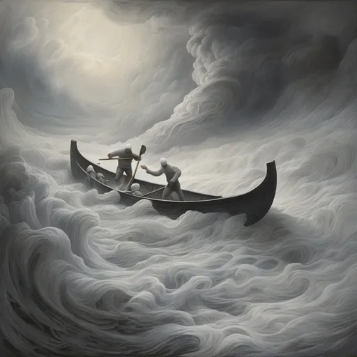 Prompt: Surreal polar landscape with a worn wooden canoe carrying two men (Arthur Gordon Pym and Dirk Peters) being dragged into a chaotic whirlpool towards a dark abyss. The water is milky white with gray foam, emitting faint steam. The sky is covered in thick ash-filled mist, with particles resembling dark snow. A colossal humanoid figure with pure white skin emerges from the fog in the distance, observing the scene. Icebergs with abstract hieroglyphs float nearby. The atmosphere is ominous, with eerie auroras and cracks in the ice. Hyper-detailed, dark fantasy style, cold color palette (white, gray, black), dramatic lighting." Eldritch horror, leviathan silhouette, opalescent water, ghostly vapor, cosmic mystery, subliminal terror, dynamic composition, intricate textures, 8k resolution."



Lovecraftian art

