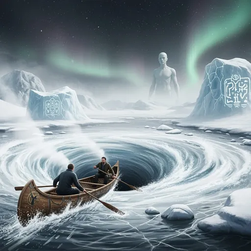 Prompt: Surreal polar landscape with a worn wooden canoe carrying two men (Arthur Gordon Pym and Dirk Peters) being dragged into a chaotic whirlpool towards a dark abyss. The water is milky white with gray foam, emitting faint steam. The sky is covered in thick ash-filled mist, with particles resembling dark snow. A colossal humanoid figure with pure white skin emerges from the fog in the distance, observing the scene. Icebergs with abstract hieroglyphs float nearby. The atmosphere is ominous, with eerie auroras and cracks in the ice. Hyper-detailed, dark fantasy style, cold color palette (white, gray, black), dramatic lighting. 

“Eldritch horror, leviathan silhouette, opalescent water, ghostly vapor, cosmic mystery, subliminal terror, dynamic composition, intricate textures, 8k resolution."



