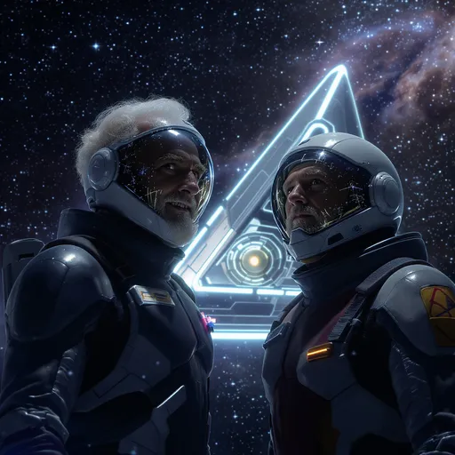 Prompt: Envision a captivating scene set against the vastness of space, where two striking older men, clad in sleek, futuristic spacesuits with glossy visors reflecting distant stars, stand confidently in front of a glowing silver   triangular shaped spacecraft. The ship’s smooth, metallic surface glints under a blanket of twinkling starlight, while wisps of colorful nebulae swirl in the background, casting a dreamy glow over the scene. The men share a moment of camaraderie, one with a playful smirk and the other gazing thoughtfully toward the cosmos, hints of determination in their expressions. A soft halo of light emanates from the spacecraft's engine, providing a warm contrast to the cold, infinite void of space surrounding them. This image leans towards a cinematic, photorealistic style, emphasizing both the wonder of space exploration and the strong bond between the two adventurers.