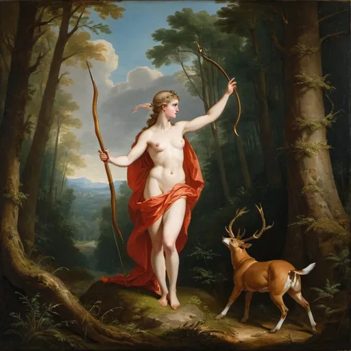 Prompt: the goddess diana hunting, in a forest, profile view, in the style of the old masters
