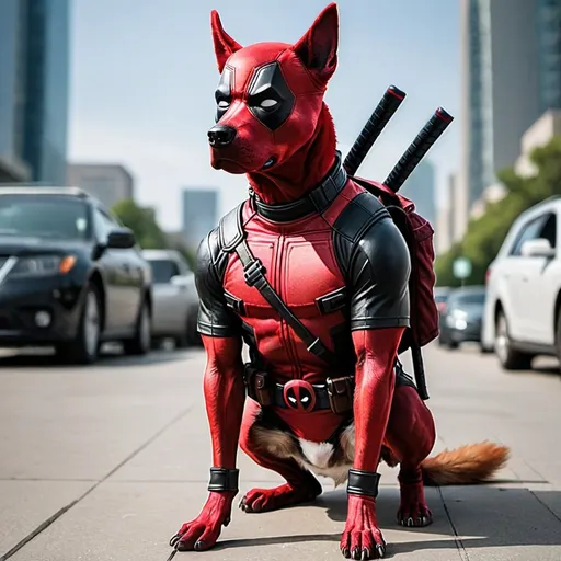 Prompt: a different version of Deadpool as a dog, in costume, like in the Multiverse.