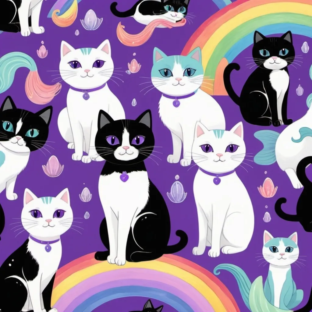 Prompt: many black and white 
cats with purple sea made of rainbows and mermaids

